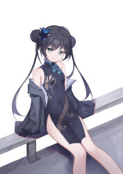 Rule 34 | 1girl, absurdres, black dress, black gloves, black hair, blue archive, breasts, butterfly hair ornament, china dress, chinese clothes, coat, double bun, dragon print, dress, feet out of frame, gloves, grey coat, grey eyes, hair bun, hair ornament, highres, kisaki (blue archive), long hair, sitting, small breasts, solo, striped coat, twintails, user sxaf8777, vertical-striped coat