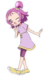 Rule 34 | 1girl, ;d, commentary request, dress, finger to mouth, full body, hand up, index finger raised, looking at viewer, namori, ojamajo doremi, one eye closed, one side up, open mouth, purple dress, purple eyes, purple hair, purple shorts, segawa onpu, shoes, short hair, short sleeves, shorts, simple background, smile, sneakers, solo, standing, white background, yellow footwear