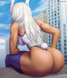 Rule 34 | 1girl, animal ears, arm on knee, armpits, ass, back, bare shoulders, boku no hero academia, breasts, building, cloud, dark-skinned female, dark skin, heattech leotard, highres, large breasts, leaning forward, long hair, mirko, muscular, muscular female, rabbit ears, rabbit tail, rooftop, sky, skyscraper, solo, superbusty, tail, thighhighs, thighs, turtleneck, white hair