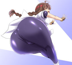 Rule 34 | 1girl, ahoge, ass, ass focus, blouse, braid, braided ponytail, breasts, brown eyes, brown hair, cameltoe, dougi, fingerless gloves, from behind, frown, gloves, headband, hip attack, huge ass, large breasts, long hair, looking back, loose socks, open mouth, ryuuko no ken, shiny clothes, shirt, sideboob, single braid, snk, socks, solo, spandex, the king of fighters, thick thighs, thighs, tonpuu, very long hair, white legwear, white shirt, wide hips, yuri sakazaki