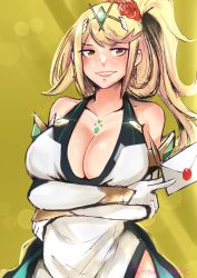 Rule 34 | 1girl, alternate costume, bare shoulders, blonde hair, blush, breasts, chest jewel, cleavage, detached sleeves, dress, envelope, fire emblem, gem, gloves, headpiece, highres, large breasts, letter, long hair, mythra (xenoblade), nintendo, plunging neckline, ponytail, side slit, smash invitation, smile, solo, super smash bros., swept bangs, thighs, tiara, very long hair, vialnite, wax seal, white dress, white gloves, xenoblade chronicles (series), xenoblade chronicles 2, yellow eyes