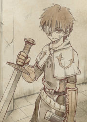 Rule 34 | 1boy, bandage over one eye, belt, capelet, closed mouth, commentary request, cowboy shot, hair between eyes, holding, holding sword, holding weapon, indoors, looking at viewer, male focus, misuguu, monochrome, ragnarok online, scabbard, sepia, sheath, shirt, short hair, shorts, solo, sword, swordsman (ragnarok online), tile floor, tiles, wall, weapon