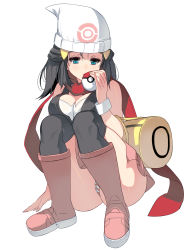 Rule 34 | 1girl, aged up, bag, bare shoulders, beanie, black hair, black shirt, black thighhighs, blue eyes, blush, boots, breasts, cameltoe, cleavage, creatures (company), dawn (pokemon), female focus, full body, game freak, hair ornament, hairclip, half-closed eyes, hand up, hat, highres, holding, holding poke ball, knee boots, kouno (masao), large breasts, looking at viewer, nintendo, panties, pantyshot, pink footwear, pink panties, pink skirt, poke ball, poke ball (basic), poke ball theme, pokemon, pokemon dppt, red scarf, scarf, shiny skin, shirt, simple background, sitting, skirt, sleeveless, sleeveless shirt, solo, squatting, striped clothes, striped panties, sweatband, thighhighs, underwear, upskirt, white background, white hat