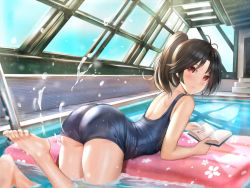 Rule 34 | 1girl, ass, bare arms, bare shoulders, barefoot, black hair, blue one-piece swimsuit, blush, book, closed mouth, competition swimsuit, from behind, himonoata, illusion connect, in water, indoors, long hair, looking at viewer, looking back, lying, on stomach, one-piece swimsuit, parted bangs, ponytail, pool, red eyes, rei no pool, solo, swimsuit, thighs, tobun maki, water