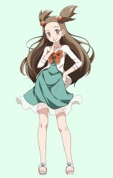 Rule 34 | 1girl, blush, brown eyes, brown hair, closed mouth, commentary, creatures (company), dress, eyelashes, frills, full body, game freak, green background, green dress, hair bobbles, hair ornament, hand on own hip, hand up, index finger raised, jasmine (pokemon), knees, long hair, looking at viewer, nintendo, pokemon, pokemon hgss, sandals, see-through, sleeves past elbows, smile, solo, tsukishiro saika, white footwear