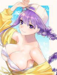 Rule 34 | 1girl, asymmetrical hair, backwards hat, bare shoulders, baseball cap, bb (fate), bb (fate) (all), bb (swimsuit mooncancer) (fate), bb (swimsuit mooncancer) (first ascension) (fate), bikini, bikini top only, blue background, blush, border, braid, breasts, cleavage, closed mouth, collarbone, fate/grand order, fate (series), gradient background, hand up, hat, hat ornament, highres, jacket, katase bono, large breasts, long hair, long sleeves, looking at viewer, off shoulder, purple eyes, purple hair, single braid, smile, solo, star (symbol), star hat ornament, swimsuit, very long hair, white bikini, white border, white hat, yellow jacket