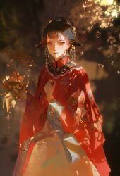 Rule 34 | 1girl, black hair, blurry, blurry background, brown eyes, chinese clothes, closed mouth, earrings, floral print, flower, hair ornament, hanfu, highres, holding, holding flower, jewelry, light particles, long sleeves, looking at viewer, original, red flower, red robe, robe, short hair, solo, spider lily, standing, touziniao, water drop, wide sleeves