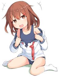 Rule 34 | 1girl, black sailor collar, blue one-piece swimsuit, brown hair, commentary request, flat chest, full body, hair ornament, hairclip, ikazuchi (kancolle), kantai collection, looking at viewer, neckerchief, okitarou (okiyo), one-piece swimsuit, red neckerchief, sailor collar, school swimsuit, school uniform, serafuku, shirt, short hair, simple background, sitting, socks, solo, swimsuit, swimsuit under clothes, torn clothes, wariza, white background, white shirt, white socks