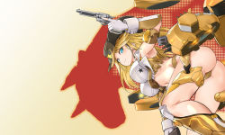 Rule 34 | 1girl, alice gear aegis, ass, blonde hair, blue eyes, bull, closed mouth, cowboy hat, gloves, gun, handgun, hat, highres, holding, holding weapon, kuuro kuro, looking back, pistol, shirley oakley, solo, star (symbol), weapon, weapon request, white gloves