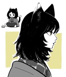 Rule 34 | 1girl, animal, animal ears, cat day, cat ears, cat girl, cat tail, chibi, commentary, dungeon meshi, flying sweatdrops, frs2, haori, highres, izutsumi, japanese clothes, kimono, korean commentary, looking at animal, looking at viewer, looking away, looking down, monochrome, mouse, multiple girls, multiple views, outline, pants, portrait, profile, short hair, sitting, spot color, tail, yellow background, yellow eyes