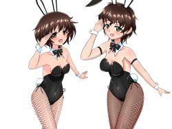 Rule 34 | 2girls, absurdres, akiyama yoshiko, akiyama yukari, animal ears, arm strap, black bow, black bowtie, black leotard, bow, bowtie, breasts, brown eyes, brown hair, cleavage, collar, commentary request, covered navel, cowboy shot, detached collar, earlobe1514366, earrings, fake animal ears, fake tail, fishnet pantyhose, fishnets, girls und panzer, green eyes, highres, jewelry, leaning forward, leotard, looking at viewer, mature female, medium breasts, messy hair, mother and daughter, multiple girls, open mouth, pantyhose, partial commentary, playboy bunny, rabbit ears, rabbit tail, salute, short hair, side-tie leotard, simple background, smile, standing, strapless, strapless leotard, stud earrings, tail, wavy hair, white background, white collar, wing collar, wrist cuffs