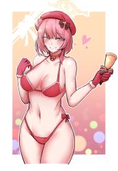 Rule 34 | 1girl, 2poet, bell, beret, bikini, blue archive, blush, breasts, cleavage, gloves, grin, hair bun, halo, hat, heart, highres, holding, holding bell, large breasts, looking at viewer, medium breasts, navel, pink eyes, pink gloves, pink hair, red bikini, serina (blue archive), serina (christmas) (blue archive), single hair bun, smile, solo, swimsuit