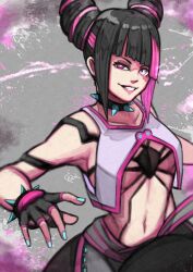 Rule 34 | 1girl, absurdres, black gloves, black hair, blue nails, body markings, bracelet, breasts, collar, commentary request, crop top, diagonal bangs, drill hair, fingerless gloves, gloves, grey background, han juri, heterochromia, highres, jewelry, looking at viewer, medium breasts, medium hair, momo juice, multicolored hair, navel, pink eyes, pink hair, pink lips, smile, solo, spiked bracelet, spiked collar, spikes, streaked hair, street fighter, street fighter 6, teeth, twin drills, twintails, two-tone hair, white eyes