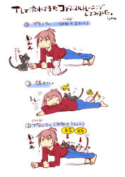 Rule 34 | 10s, 1girl, absurdres, alternate costume, cat, clenched hands, comic, exercising, closed eyes, highres, kantai collection, katase minami, multiple views, pink hair, push-ups, shiranui (kancolle), short hair, sweatdrop, translation request