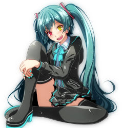 Rule 34 | 1girl, :d, aqua hair, bad id, bad pixiv id, boots, collared shirt, grey footwear, grey jacket, hatsune miku, heterochromia, jacket, knee up, long hair, long sleeves, looking at viewer, on ground, open mouth, panties, pantyshot, pleated skirt, red eyes, shirt, simple background, sitting, skirt, smile, solo, thigh boots, thighhighs, tsukishiro saika, twintails, underwear, upskirt, vocaloid, white background, white shirt, yellow eyes