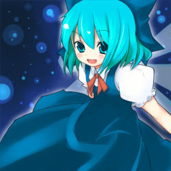 Rule 34 | 1girl, :d, aqua eyes, aqua hair, blue bow, blue dress, bow, child, cirno, collared shirt, dress, embodiment of scarlet devil, female focus, hair bow, looking at viewer, neck ribbon, open mouth, puffy short sleeves, puffy sleeves, red ribbon, ribbon, shirt, short hair, short sleeves, smile, solo, touhou, white shirt, wings