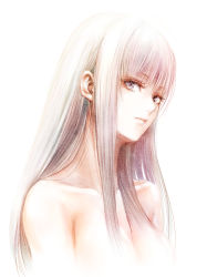 Rule 34 | 1girl, closed mouth, collarbone, grey eyes, long hair, looking at viewer, nude, original, portrait, simple background, solo, straight hair, sushi (sashimise), very long hair, white background, white hair
