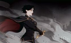 Rule 34 | 1girl, absurdres, artist name, black hair, black jacket, breasts, cape, cowboy shot, from side, gold trim, highres, holding, holding sword, holding weapon, jacket, large breasts, lirain, long sleeves, original, pale skin, red lips, sheath, short hair, smoke, sword, unsheathing, vampire, weapon