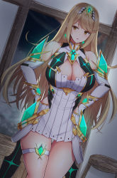 Rule 34 | 1girl, bare shoulders, blonde hair, blush, breasts, chest jewel, cleavage, cleavage cutout, clothing cutout, dress, earrings, elbow gloves, gem, gloves, headpiece, highres, jewelry, large breasts, long hair, looking at viewer, mythra (xenoblade), nintendo, noeomi, open mouth, short dress, solo, swept bangs, thigh strap, thighs, tiara, white dress, white gloves, xenoblade chronicles (series), xenoblade chronicles 2, yellow eyes