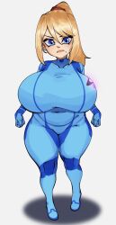 Rule 34 | 1girl, blonde hair, blue bow, blue eyes, bow, breasts, covered navel, curvy, female focus, hair between eyes, highres, huge breasts, lips, looking at viewer, metroid, mole, mole under mouth, navel, nintendo, plump, ponytail, samus aran, shortstack, skin tight, solo, standing, strongmoist, thick thighs, thighs, white background, wide hips, zero suit