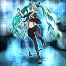 Rule 34 | 1girl, armband, bracelet, green eyes, green hair, hatsune miku, headphones, jewelry, long hair, matching hair/eyes, microphone, microphone stand, navel, necktie, open mouth, pantyhose, shorts, solo, spraywork, suspenders, twintails, very long hair, vocaloid