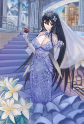 Rule 34 | 1girl, absurdres, alternate costume, azur lane, black hair, bracelet, breasts, bridal veil, building, cleavage, crown hair ornament, cup, diaoao bugaoxing, dress, drinking glass, flower, gloves, green eyes, hair between eyes, hair ornament, highres, indomitable (azur lane), jewelry, large breasts, long hair, looking at viewer, red wine, ring, sidelocks, smile, solo, veil, wedding dress, white gloves, wine, wine glass