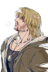 Rule 34 | 1boy, alternate facial hair, bara, blonde hair, blood, blue eyes, breath, bruise, coat, facial hair, from side, highres, injury, ken masters, male focus, muscular, muscular male, neckbeard, nosebleed, pectoral cleavage, pectorals, short hair, sketch, solo, street fighter, stubble, thick eyebrows, upper body, yuiofire