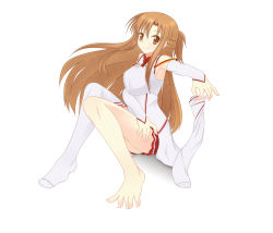 Rule 34 | 10s, 1girl, asuna (sao), bad id, bad pixiv id, barefoot, brown eyes, brown hair, feet, highres, long hair, looking at viewer, nagamon (nagamonian), no shoes, single thighhigh, smile, solo, spread toes, sword art online, thighhighs, toes, unworn thighhighs, white background, white thighhighs