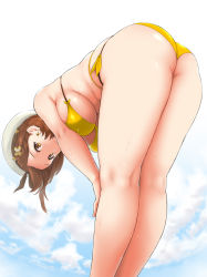 Rule 34 | 1girl, ass, atelier (series), atelier ryza, atelier ryza 2, bad id, bad twitter id, bare shoulders, bent over, beret, bikini, bikini top lift, black ribbon, blue sky, blush, braid, breasts, brown eyes, brown hair, closed mouth, clothes lift, day, hair ornament, hairclip, hat, highres, kemigawa mondo, large breasts, looking at viewer, outdoors, reisalin stout, ribbon, short hair, side braid, sky, smile, solo, swimsuit, thick thighs, thighs, wet, white hat, yellow bikini