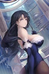 Rule 34 | 1girl, bad anatomy, bare shoulders, black hair, blue dress, blue eyes, blue gloves, breasts, brown pantyhose, detached collar, dress, drop earrings, earrings, elbow gloves, from behind, gloves, hand up, highres, jewelry, large breasts, limeblock, long hair, looking back, open mouth, original, pantyhose, sideboob, sleeveless, sleeveless dress, solo
