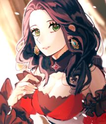 Rule 34 | 1girl, bad id, bad pixiv id, blurry, blurry background, breasts, brown hair, cleavage, dorothea arnault, earrings, fire emblem, fire emblem: three houses, green eyes, jewelry, long hair, looking at viewer, medium breasts, nintendo, parted lips, solo, tida 2112, upper body