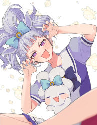 Rule 34 | 1girl, :3, :d, alternate hairstyle, animal ears, blue bow, blue nails, blunt bangs, bow, bowtie, cinnamiku hairstyle, claw pose, commentary request, dogam (dogam40044314), doll, ear bow, ear covers, gold ship (umamusume), grey hair, hair bow, hair up, head tilt, highres, horse ears, horse girl, jitome, looking at viewer, nail polish, open mouth, pink eyes, puffy sleeves, purple bow, purple bowtie, sanrio, school uniform, short sleeves, sitting, skirt, smile, solo, summer uniform, tracen school uniform, umamusume, upper body, v-shaped eyebrows, white background