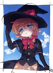 Rule 34 | 1girl, black capelet, black gloves, black hat, black skirt, black vest, blonde hair, blue eyes, blue sky, blush stickers, border, bow, braid, bright pupils, buttons, capelet, closed mouth, cloud, cookie (touhou), day, elbow gloves, gloves, hair between eyes, hair bow, hand on headwear, hat, hat bow, kirisame marisa, looking at viewer, meguru (cookie), outdoors, red bow, red neckwear, shirt, short hair, side braid, single braid, skirt, sky, smile, solo, touhou, upper body, vest, white border, white pupils, white shirt, witch hat, xox xxxxxx