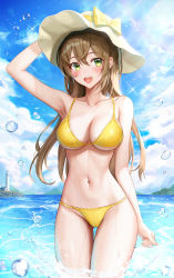 Rule 34 | 1girl, :d, absurdres, arm up, armpits, bare arms, bare shoulders, bikini, breasts, brown hair, cameltoe, cleavage, collarbone, day, eichi (skskdi12z), green eyes, groin, hand on headwear, hat, highres, huge filesize, large breasts, long hair, looking at viewer, navel, open mouth, original, outdoors, smile, solo, standing, stomach, string bikini, sun hat, swimsuit, thigh gap, thighs, wading, water, wet, yellow bikini