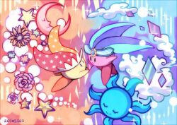 Rule 34 | artist name, beam kirby, black eyes, blue eyes, blue headwear, closed eyes, closed mouth, cloud, commentary request, copy ability, crescent moon, diamond (shape), flower, flower request, hat, highres, holding hands, jester cap, kirby: battle royale, kirby (series), large hat, looking at another, mirror kirby, moon, multicolored clothes, multicolored headwear, nintendo, no humans, orange headwear, polar opposites, purple headwear, red headwear, smile, sparkle, star (symbol), sun, takenokonoko, tiara, | |