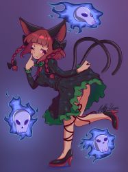 Rule 34 | 1girl, ;3, absurdres, animal ears, ass, black footwear, blue fire, bow, braid, cat ears, cat tail, dress, fire, ghost, hair bow, high heels, highres, hitodama, kaenbyou rin, leg ribbon, long sleeves, multiple tails, nekomata, one eye closed, red eyes, red hair, ribbon, shoes, skull, solo, standing, standing on one leg, tail, touhou, twin braids, two tails, usagii (nydk8775)
