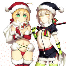 Rule 34 | 10s, 2girls, aged down, artoria pendragon (all), artoria pendragon (fate), belt, bikini, blonde hair, blush, cameltoe, christmas, cosplay, elbow gloves, excalibur morgan (fate), fate/extra, fate/grand order, fate/stay night, fate (series), florence nightingale (fate), florence nightingale (trick or treatment) (fate), fur-trimmed thighhighs, fur trim, gloves, green bikini, green eyes, green gloves, green legwear, hat, highres, holding, holding sword, holding weapon, looking at viewer, mash kyrielight, mash kyrielight (dangerous beast), mash kyrielight (dangerous beast) (cosplay), multiple girls, nabenko, navel, nero claudius (fate), nero claudius (fate) (all), nero claudius (fate/extra), official alternate costume, pale skin, red bikini, red gloves, red legwear, saber (fate), saber alter, sack, santa costume, santa hat, shrug (clothing), skirt, stethoscope, swimsuit, sword, thighhighs, weapon, yellow eyes