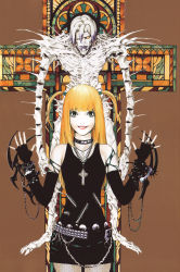 Rule 34 | 1girl, absurdres, amane misa, aqua eyes, bandage over one eye, bandages, bare shoulders, belt, black eyes, black skirt, blonde hair, bracelet, buckle, chain, collar, colored sclera, cross, cross necklace, death note, earrings, elbow gloves, fangs, fingerless gloves, fishnet pantyhose, fishnets, gloves, goth fashion, gothic, heart, heart necklace, highres, hoop earrings, jewelry, lipstick, long hair, lots of jewelry, makeup, mall goth, necklace, o-ring, obata takeshi, official art, pantyhose, red lips, rem (death note), ring, scan, shinigami, skirt, skull and crossbones, skull necklace, slit pupils, smile, stained glass, studded belt, studded bracelet, studded collar, two side up, yellow sclera, zipper
