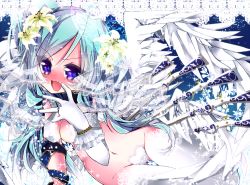 Rule 34 | 1girl, angel wings, aqua hair, bad id, bad pixiv id, beta (inazuma eleven), blush, bottomless, breasts, cleavage, coccofyze, fang, flower, gun, hair flower, hair ornament, heart, inazuma eleven (series), inazuma eleven go, inazuma eleven go chrono stone, long hair, looking at viewer, open mouth, purple eyes, solo, thigh gap, weapon, wings
