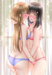 Rule 34 | 2girls, after kiss, ass, bad id, bad pixiv id, black hair, blonde hair, blue eyes, bra, brown hair, butt crack, eye contact, face-to-face, fingering, grabbing, hair ornament, hairclip, hand in panties, hands in pantyhose, highres, hug, kiss, lino (lilyparty07), long hair, looking at another, mole, mole under eye, multiple girls, mutual fingering, mutual masturbation, oral, original, panties, saliva, saliva trail, short hair, underwear, yuri