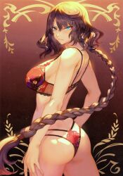 Rule 34 | 1girl, absurdres, aqua eyes, ass, bare arms, bare shoulders, bra, braid, breasts, brown hair, closed mouth, duplicate, fate/grand order, fate (series), from behind, gradient background, hephaestion (fate), highres, lingerie, lips, long hair, looking at viewer, looking back, mashuu (neko no oyashiro), medium breasts, panties, scan, sideboob, simple background, single braid, solo, thighs, underwear, underwear only