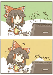 Rule 34 | 2koma, ?, bow, brown eyes, brown hair, comic, controller, detached sleeves, female focus, game controller, hair bow, hakurei reimu, head tilt, japanese clothes, lowres, miko, natsue, playing games, touhou