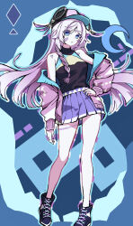 1girl absurdres alternate_costume bare_shoulders black_footwear blue_eyes braid casual citlali_(genshin_impact) cross-laced_footwear facial_mark floating_hair full_body genshin_impact hand_on_own_hip hat highres jacket kurony_(sirony) long_hair long_sleeves looking_at_viewer off_shoulder open_clothes open_jacket parted_lips pink_hair pink_jacket pink_pupils shirt skirt standing triangle triangle_facial_mark