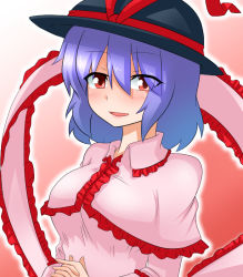 Rule 34 | 1girl, bad id, bad pixiv id, black hat, blue hair, blush, bow, breasts, capelet, frills, hagoromo, hat, hat bow, hat ribbon, large breasts, long sleeves, looking at viewer, nagae iku, one-hour drawing challenge, own hands clasped, own hands together, parted lips, purple hair, red eyes, ribbon, shawl, smile, solo, sumiya nadateru, touhou, upper body