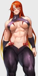 Rule 34 | 1girl, abs, absurdres, bare shoulders, biceps, black pants, blonde hair, body markings, breasts, collarbone, fuuma kotarou (tenkaichi), gradient hair, halterneck, highres, large breasts, long hair, looking at viewer, multicolored hair, muscular, muscular female, navel, pants, red eyes, red hair, simple background, smile, solo, tenkaichi nihon saikyou bugeisha ketteisen, thick thighs, thighs, toned, tongue, tongue out, yoshio (55level)
