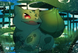 Rule 34 | :3, blue sky, blurry, blurry background, bulbasaur, claws, cloud, creatures (company), day, dew drop, fangs, full body, game freak, gen 1 pokemon, happy, highres, leaf, lily pad, looking up, nintendo, no humans, open mouth, outdoors, plant, pokemon, pokemon (creature), red eyes, sitting, sky, smile, solo, water, water drop, yukifuri tsuyu