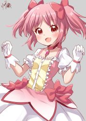 Rule 34 | 1girl, blush, bubble skirt, choker, commentary request, dress, gloves, grey background, hair ornament, hair ribbon, highres, kaname madoka, looking at viewer, magical girl, mahou shoujo madoka magica, mahou shoujo madoka magica (anime), open mouth, pink eyes, pink hair, red ribbon, ribbon, short sleeves, short twintails, signature, simple background, skirt, solo, soul gem, twintails, usagi koushaku, white gloves