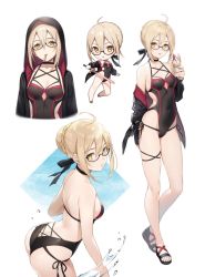 Rule 34 | 1girl, ahoge, artoria pendragon (fate), ass, bare shoulders, beach, black one-piece swimsuit, braid, braided bun, breasts, casual one-piece swimsuit, chair, commentary request, day, excalibur (fate/stay night), fate/grand order, fate (series), flower, food, glasses, hair bun, hair flower, hair ornament, hair ribbon, halterneck, highres, hood, hoodie, ice cream, ice cream cone, jacket, light brown hair, lounge chair, lying, mouth hold, multiple views, mysterious heroine x alter (fate), off shoulder, on back, one-piece swimsuit, open clothes, open jacket, outdoors, parted lips, photoshop (medium), popsicle stick, ribbon, semi-rimless eyewear, short hair, side-tie swimsuit, sidelocks, single hair bun, small breasts, swimsuit, tokki, under-rim eyewear, updo, white background, yellow eyes