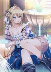 Rule 34 | 1girl, blonde hair, blue eyes, breasts, bug, butterfly, cape, cleavage, collarbone, commentary request, dress, europa (granblue fantasy), flower, fountain, granblue fantasy, hair flower, hair ornament, insect, lying, myusha, on side, short dress, short hair, sleeveless, sleeveless dress, thighs, tiara, water, white dress