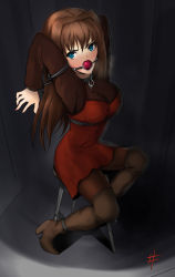 Rule 34 | angry, ankle cuffs, aozaki aoko, ball gag, bdsm, blue eyes, blush, bondage, boots, bound, brown hair, collar, dress, drooling, gag, gagged, heavy breathing, high heel boots, high heels, highres, mahou tsukai no yoru, pantyhose, red dress, restrained, sharpffffff, sitting, sitting on object